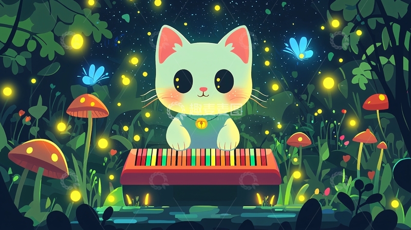 高清大图下载【趣麦麦图】萤火虫森林猫咪弹钢琴
