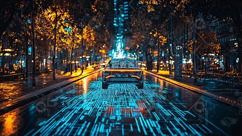 高清大图下载【趣麦麦图】夜晚城市道路自动驾驶汽车