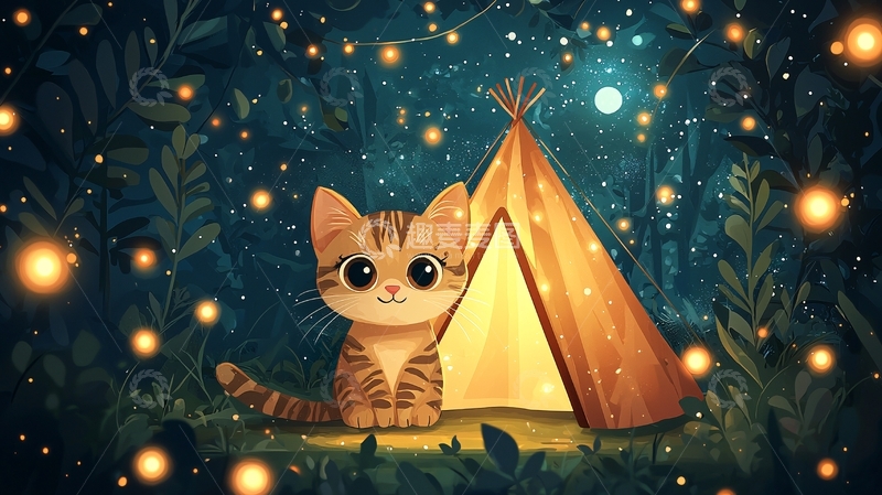 高清大图下载【趣麦麦图】萤火虫森林猫咪帐篷