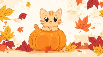 可爱猫咪南瓜秋叶