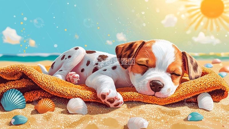 高清大图下载【趣麦麦图】海滩上睡觉的小狗
