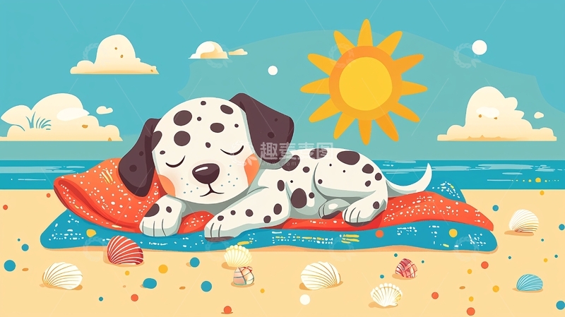高清大图下载【趣麦麦图】阳光沙滩睡觉的达尔马提亚犬