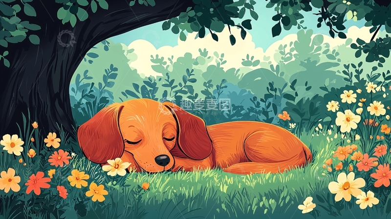 高清大图下载【趣麦麦图】树荫下睡觉的腊肠犬