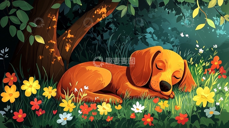 高清大图下载【趣麦麦图】树荫下睡觉的小猎犬
