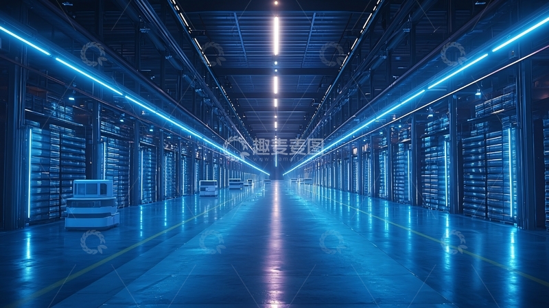 高清大图下载【趣麦麦图】蓝色灯光下的服务器机房