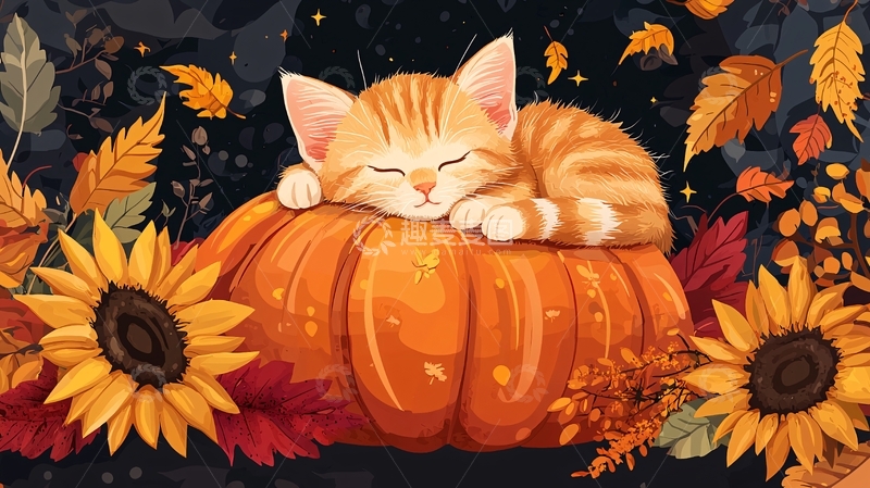 高清大图下载【趣麦麦图】小猫睡南瓜