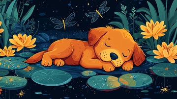 睡莲旁熟睡的金毛犬