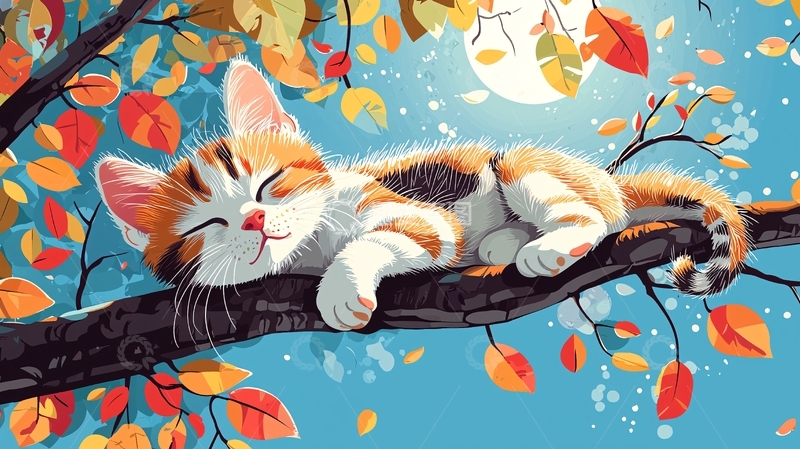 高清大图下载【趣麦麦图】秋日午后小猫树枝午睡