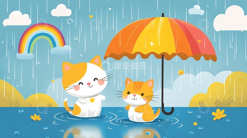 高清大图下载【趣麦麦图】两只猫咪雨中彩虹