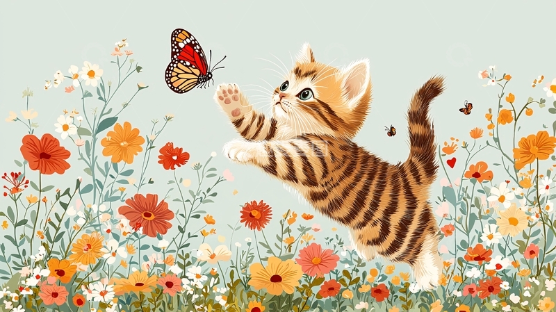 高清大图下载【趣麦麦图】小猫追逐蝴蝶花丛
