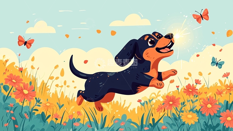 高清大图下载【趣麦麦图】可爱腊肠犬追逐蝴蝶