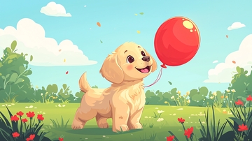 可爱的金毛小狗和红气球