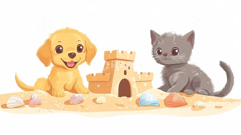 高清大图下载【趣麦麦图】小狗小猫沙滩玩耍