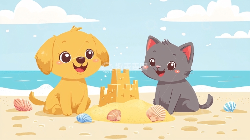 高清大图下载【趣麦麦图】沙滩上快乐的小狗和小猫