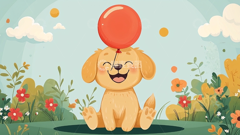 高清大图下载【趣麦麦图】可爱金毛犬头顶气球