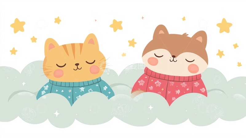 高清大图下载【趣麦麦图】卡通猫咪狗狗睡云朵
