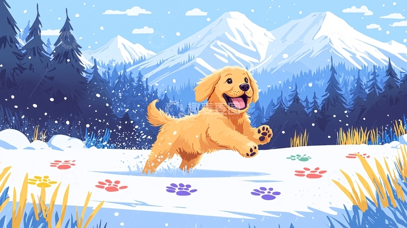 高清大图下载【趣麦麦图】雪地里奔跑的金毛幼犬