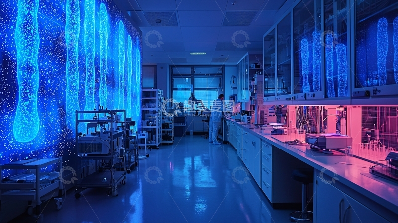 蓝色灯光下的现代化实验室
