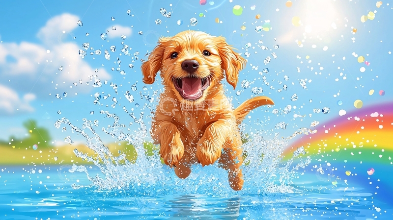 高清大图下载【趣麦麦图】快乐的金毛幼犬水上跳跃