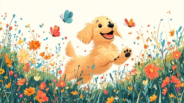 金毛幼犬在花田里玩耍