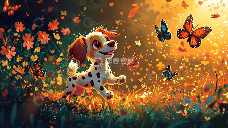 高清大图下载【趣麦麦图】阳光下的小狗与蝴蝶