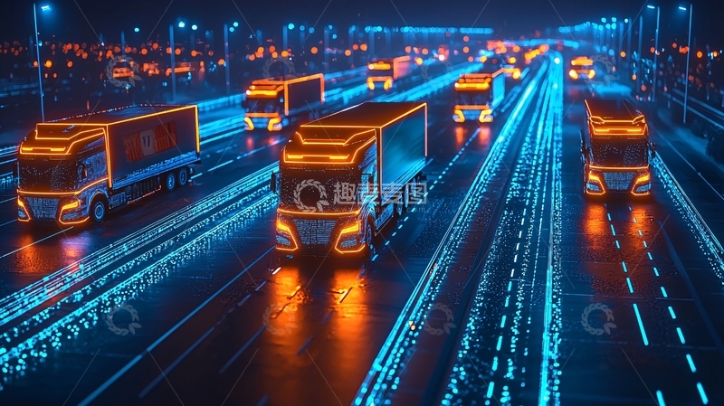 高清大图下载【趣麦麦图】夜间高速公路卡车车队