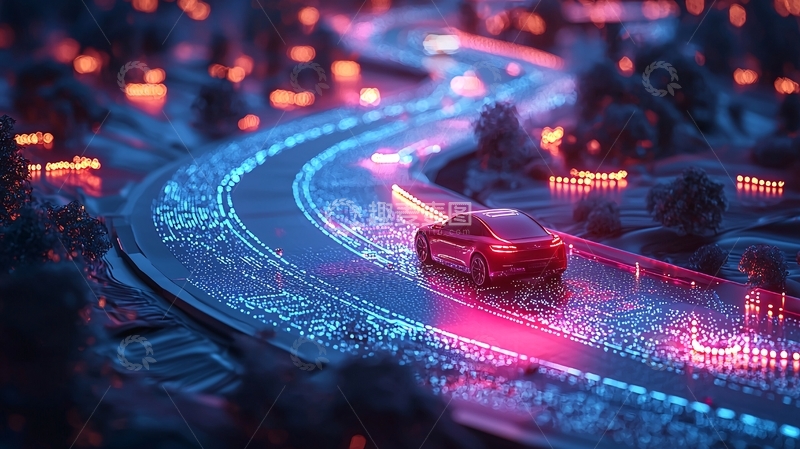 高清大图下载【趣麦麦图】夜间道路上行驶的自动驾驶汽车
