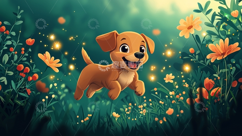 高清大图下载【趣麦麦图】小狗在花丛中奔跑