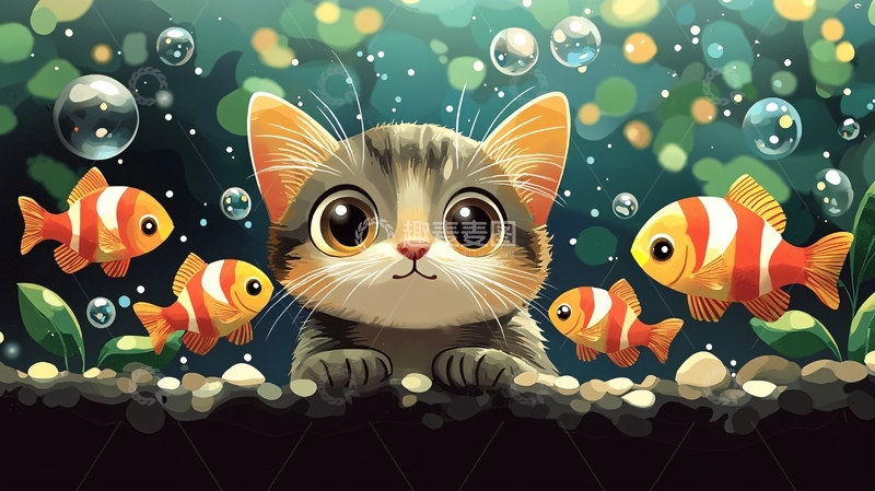高清大图下载【趣麦麦图】萌猫看鱼