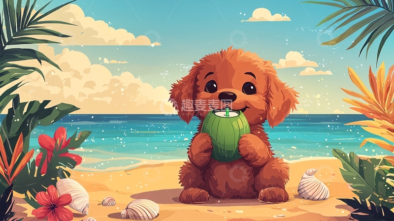 高清大图下载【趣麦麦图】沙滩上可爱的小狗