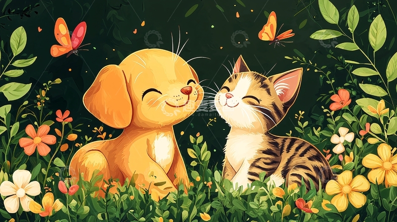 高清大图下载【趣麦麦图】小狗小猫花丛嬉戏