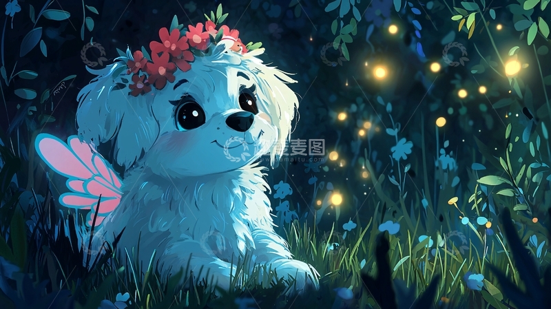 高清大图下载【趣麦麦图】戴花环的小狗