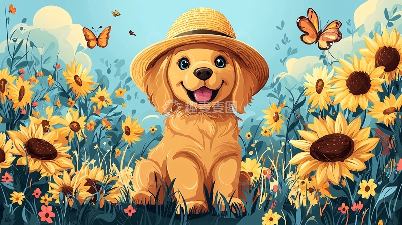 高清大图下载【趣麦麦图】戴草帽的金毛幼犬