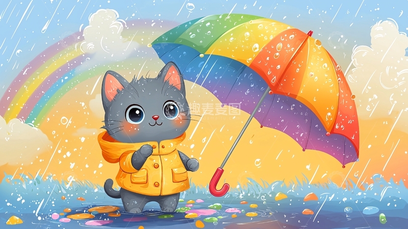 高清大图下载【趣麦麦图】小猫雨天彩虹伞