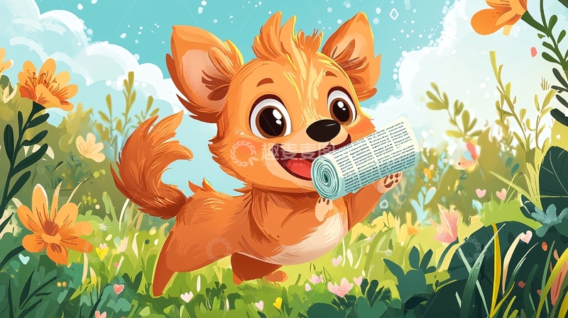 高清大图下载【趣麦麦图】可爱卡通小狗叼报纸