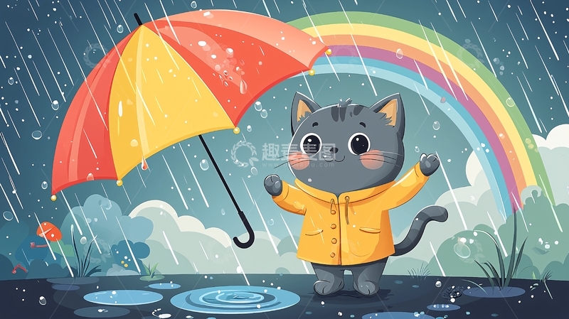 高清大图下载【趣麦麦图】-雨中猫咪彩虹