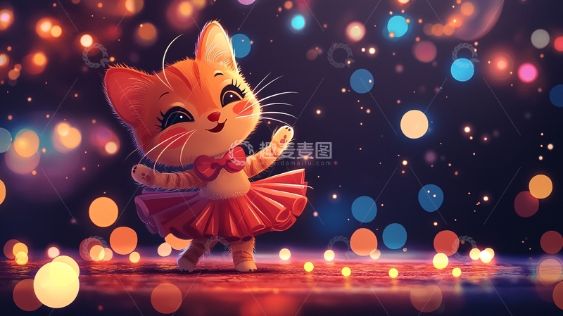 高清大图下载【趣麦麦图】穿着红裙跳舞的小猫