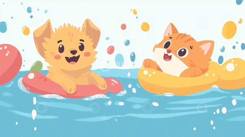 高清大图下载【趣麦麦图】小狗小猫游泳圈玩水