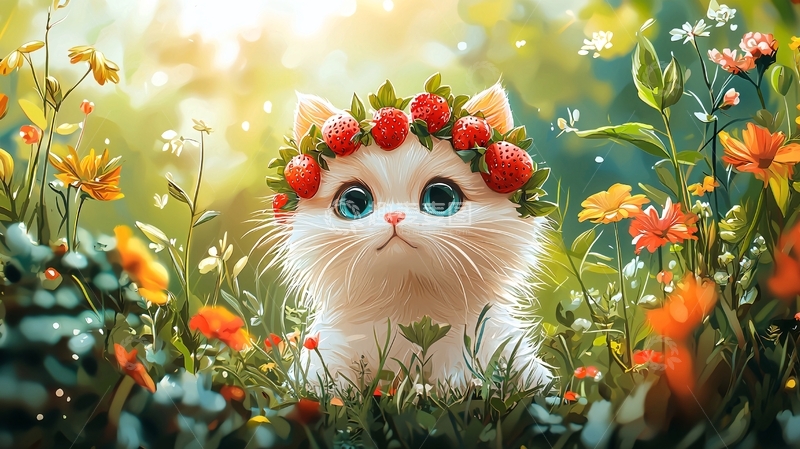 高清大图下载【趣麦麦图】戴草莓花环的小猫