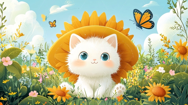 高清大图下载【趣麦麦图】戴向日葵帽的可爱猫咪