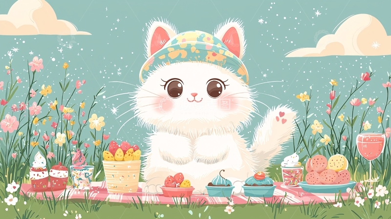 高清大图下载【趣麦麦图】可爱猫咪野餐图