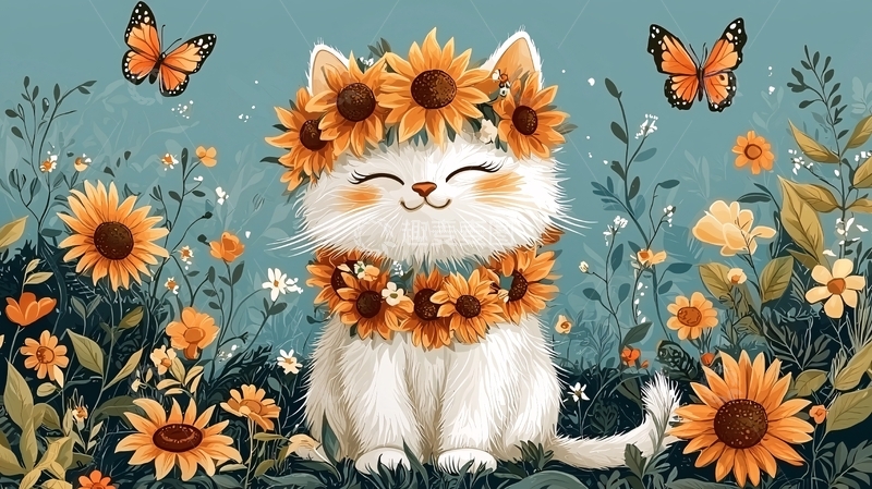 高清大图下载【趣麦麦图】戴向日葵花环的小猫