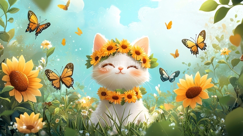 高清大图下载【趣麦麦图】戴向日葵花环的小猫
