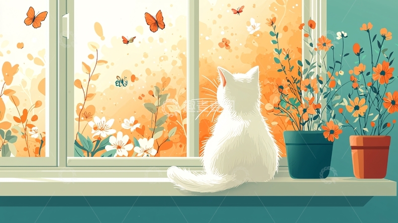 高清大图下载【趣麦麦图】窗边白猫看风景