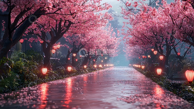 高清大图下载【趣麦麦图】樱花雨夜小路