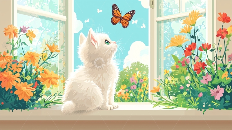 高清大图下载【趣麦麦图】小猫窗边看蝴蝶