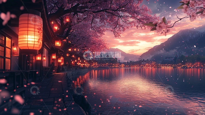 高清大图下载【趣麦麦图】唯美樱花日落湖边小镇