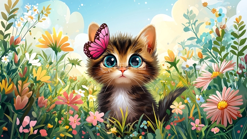 高清大图下载【趣麦麦图】可爱小猫花丛中