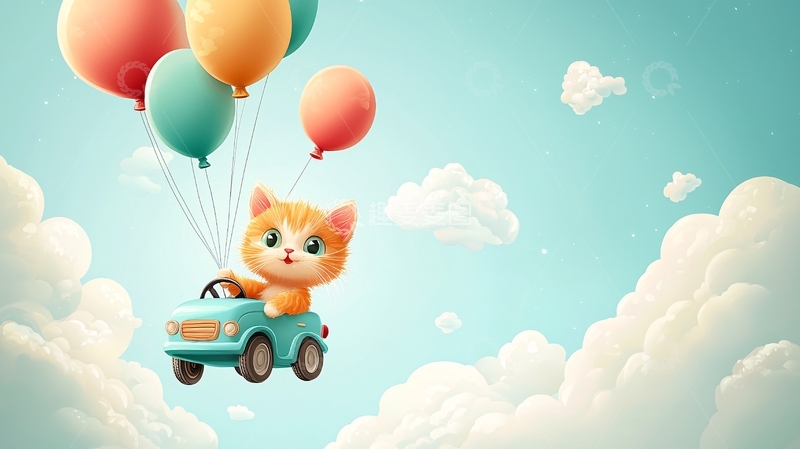 高清大图下载【趣麦麦图】卡通猫咪热气球汽车