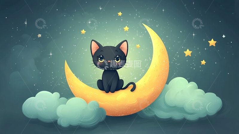高清大图下载【趣麦麦图】黑猫坐在月亮上